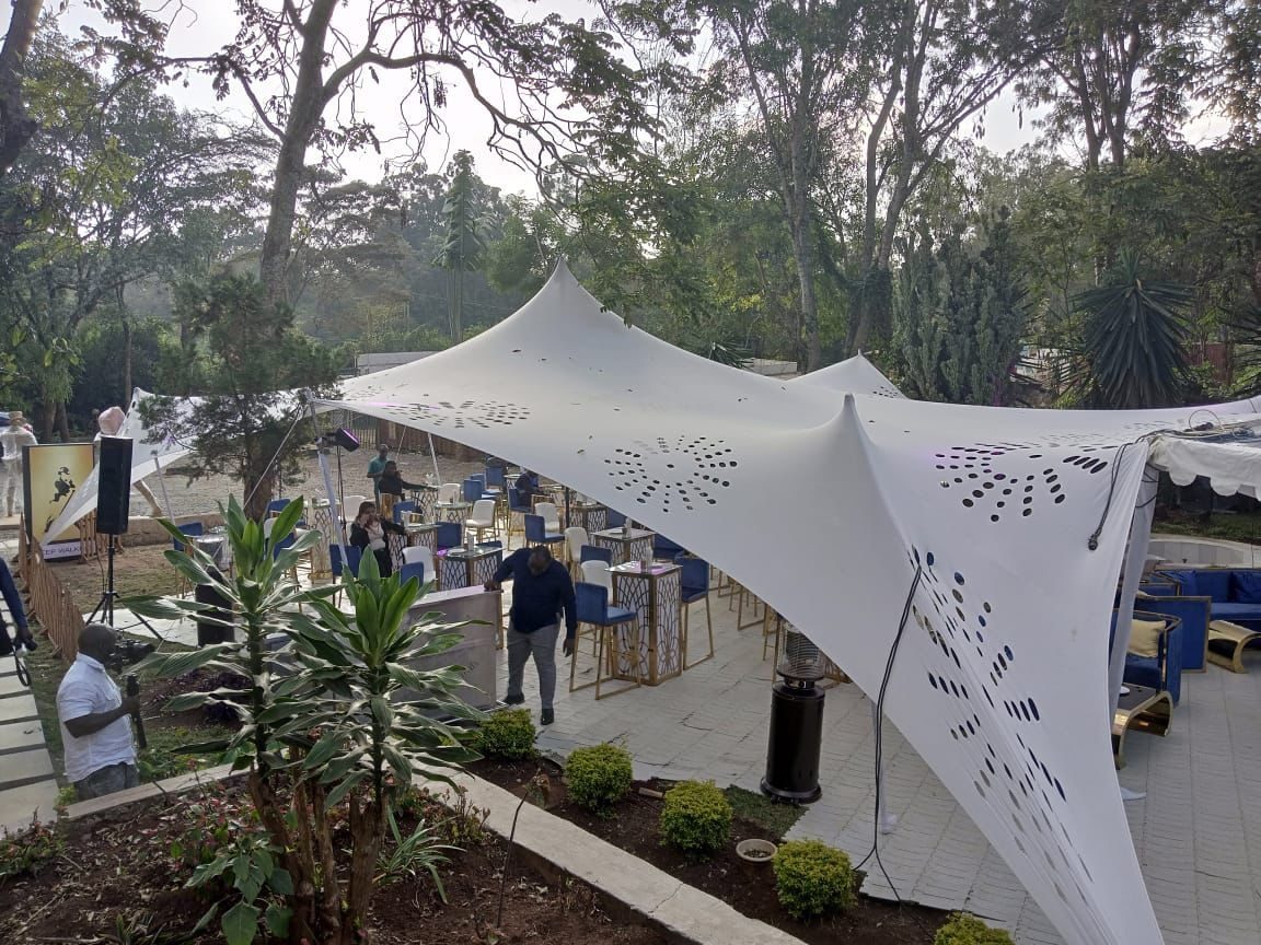 Luxury baby shower setup with designer tent and premium seating in Nairobi
