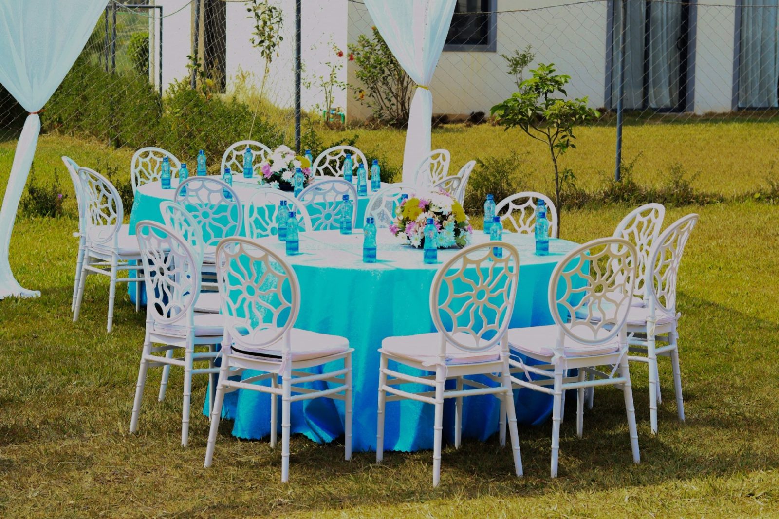 Standard adult party setup with draped tent and Chiavari chairs in Nairobi